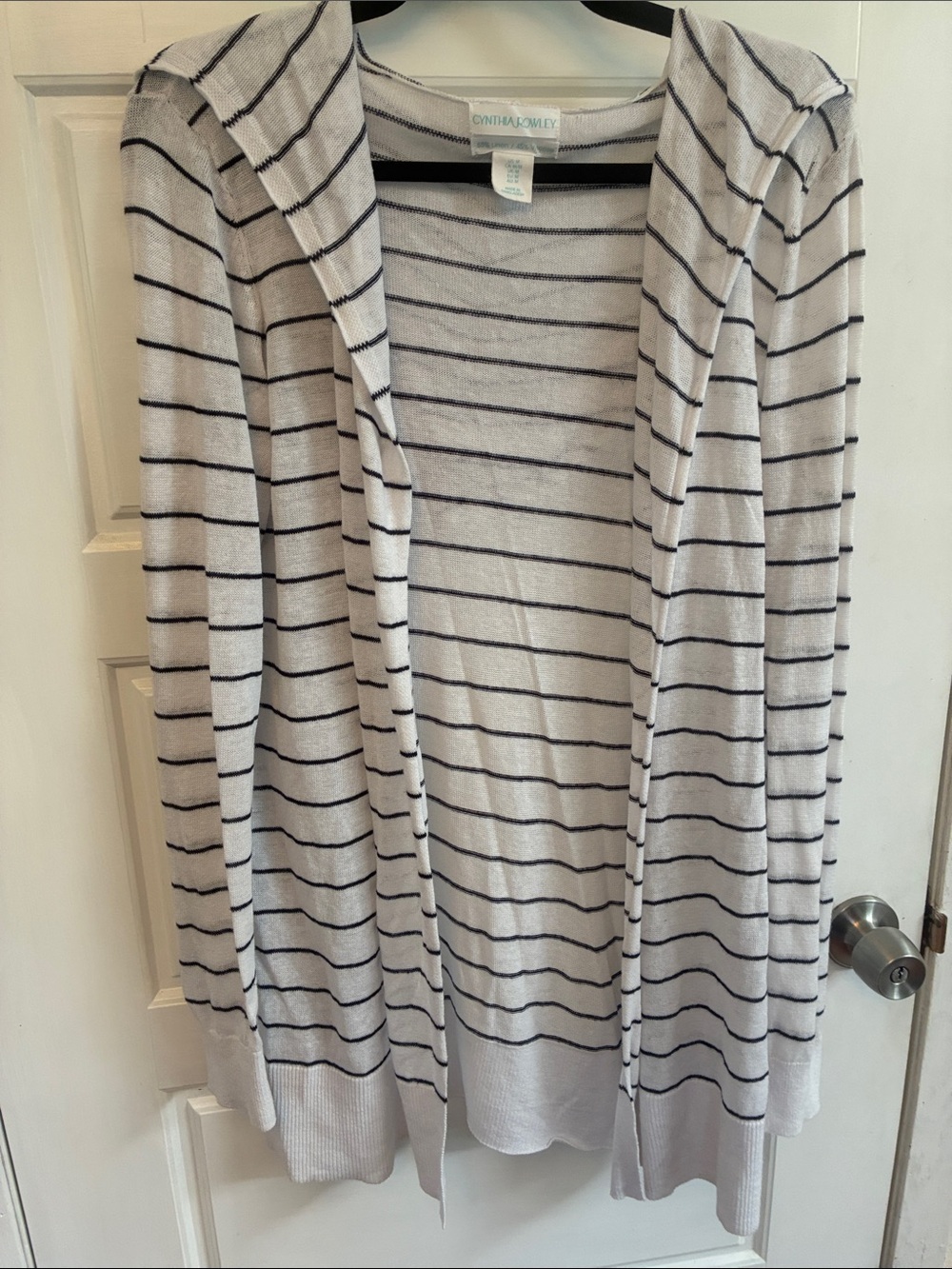 Cynthia Rowley White and Black Striped Hooded Open Cardigan